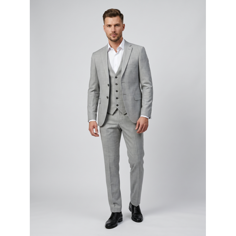 Elegantna moška trodelna obleka GAL v svetlo sivi barvi – moderna slim fit obleka za poslovne, svečane in vsakodnevne priložnosti. Premium moška obleka z udobnim krojem in brezčasnim videzom.