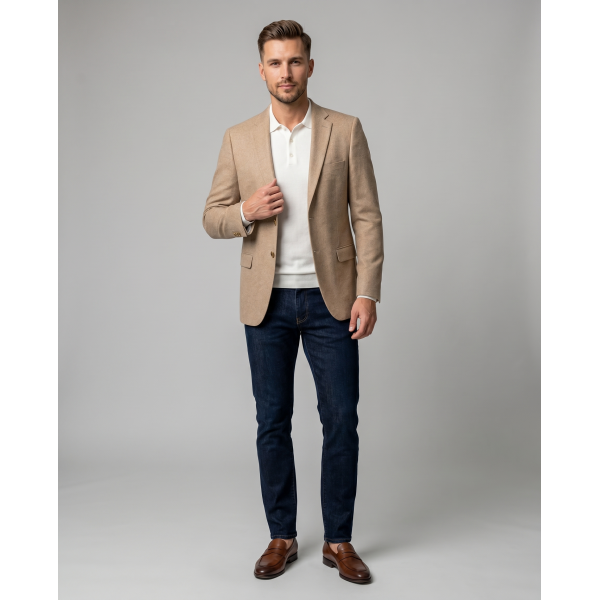Moški suknjič MATEO v kamel barvi združuje eleganco, moderen kroj in vrhunsko udobje. Popolna izbira za poslovni ali smart casual videz ter brezčasen moški stil za vsako priložnost.