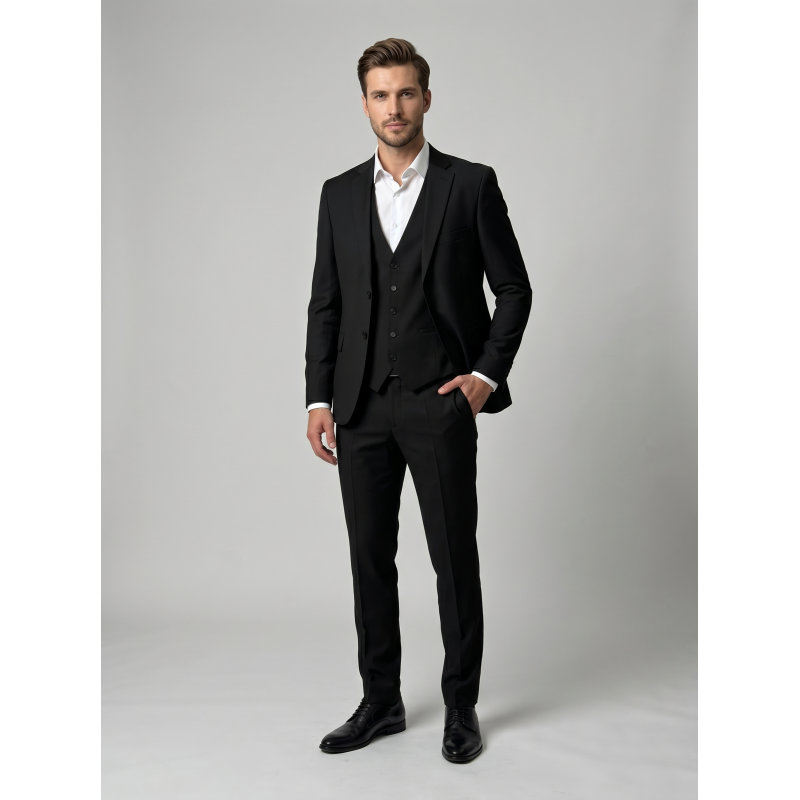 Elegantna moška trodelna obleka GAL v črni barvi – moderna slim fit obleka za poslovne, svečane in vsakodnevne priložnosti. Premium moška obleka z brezčasnim elegantnim videzom in kakovostno izdelavo.