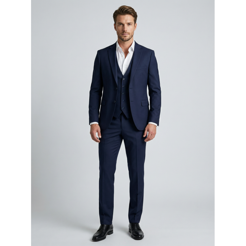 Elegantna moška trodelna obleka GAL v modri barvi – moderna slim fit obleka za poslovne, svečane in vsakodnevne priložnosti. Premium moška obleka z brezčasnim elegantnim videzom in kakovostno izdelavo.