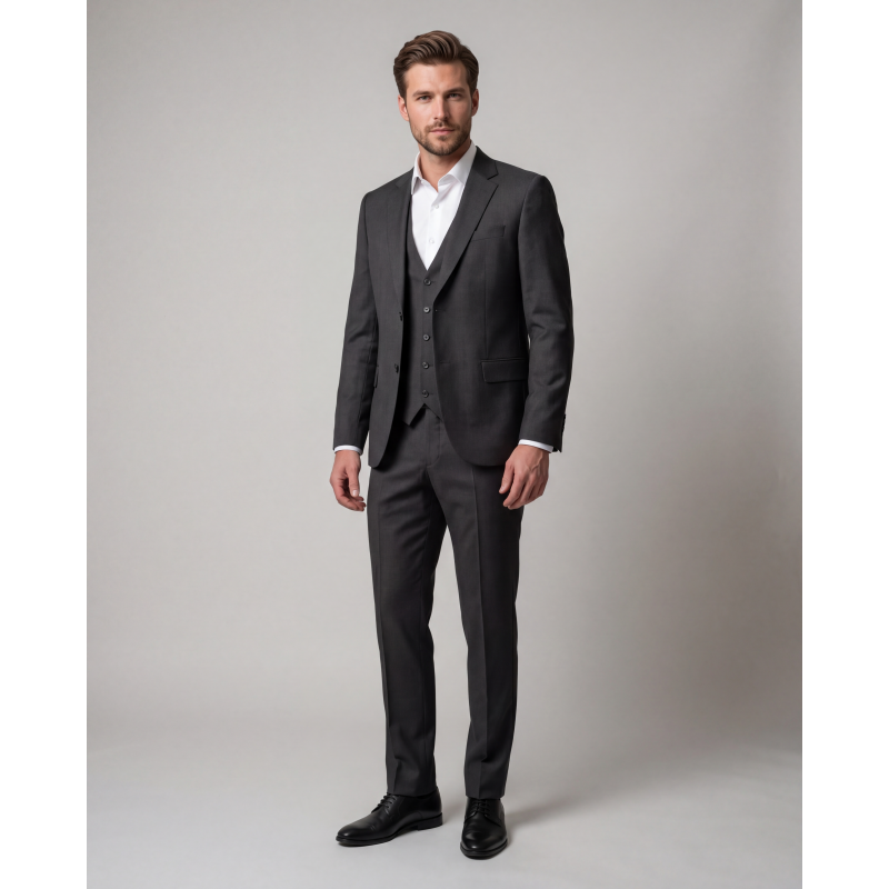 Elegantna moška trodelna obleka TAJ v antracit sivi barvi – moderna slim fit obleka za poslovne, svečane in vsakodnevne priložnosti. Premium moška obleka z brezčasnim elegantnim videzom in kakovostno izdelavo.