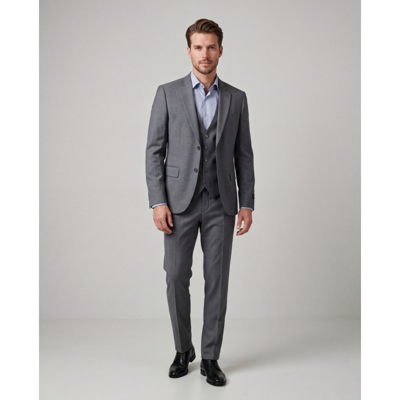 Elegantna moška trodelna obleka TAJ v svetlo sivi barvi – moderna slim fit obleka za poslovne, svečane in vsakodnevne priložnosti. Premium moška obleka z brezčasnim elegantnim videzom in kakovostno izdelavo.