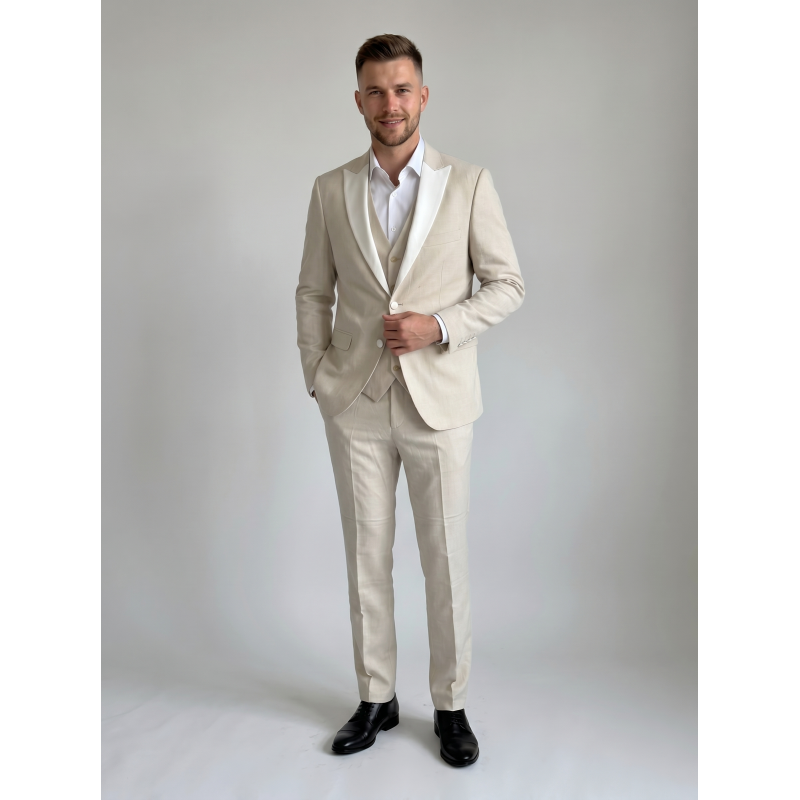 Elegantna moška trodelna svečana obleka LORD v bež barvi – moderna slim fit obleka za poroke, poslovne in svečane priložnosti. Premium moška obleka z elegantnim krojem in kakovostno izdelavo.