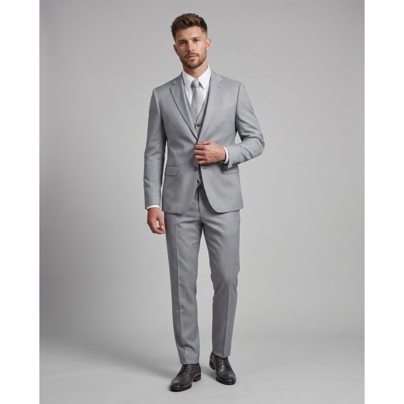 Sofisticirana moška tridelna slim fit obleka 5673 v srebrni barvi z diagonalnim dezenom, izdelana iz kakovostne mešanice volne, poliestra in elastana. Idealen stil za poslovne in svečane priložnosti.