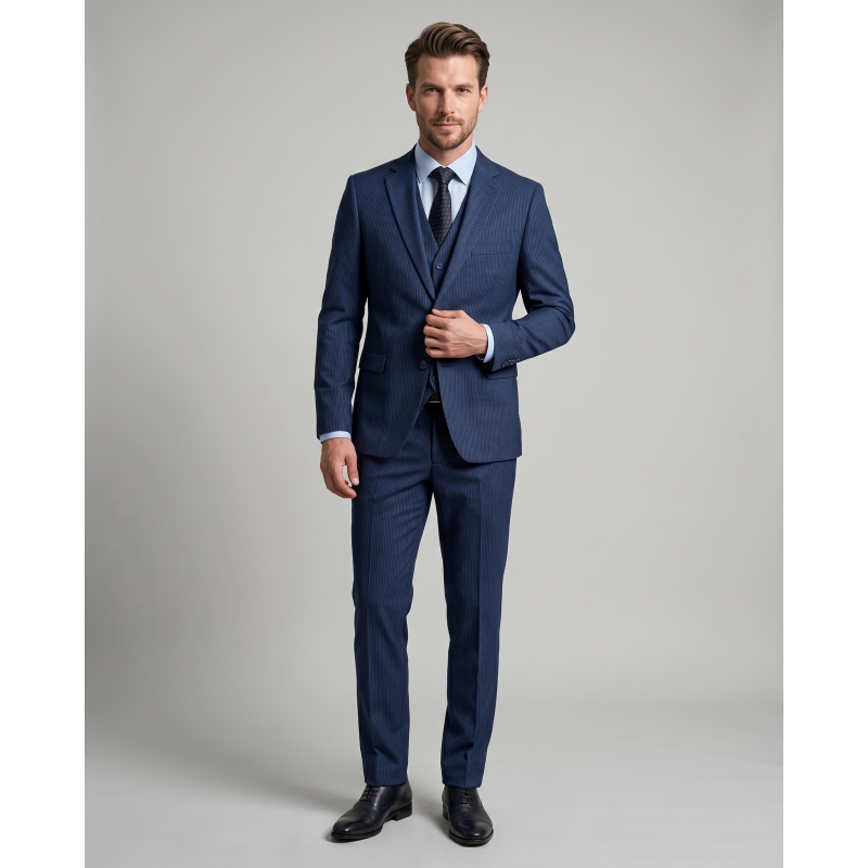 Sofisticirana moška tridelna slim fit obleka TC5951 v modri barvi s črtastim dezenom, izdelana iz kakovostne mešanice volne, poliestra in elastana. Idealna za poslovne in svečane priložnosti, zagotavlja elegantno in udobno nošenje.