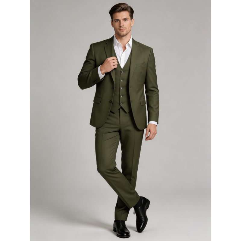 Elegantna zelena moška tridelna obleka MAXX v slim fit kroju. Popolna izbira za poroke, poslovne dogodke in svečane priložnosti. Sodoben stil – OKMAL.