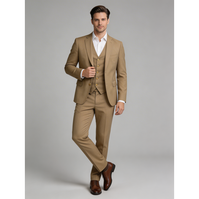 Prefinjena bež tridelna moška obleka 4994 iz volne v modernem slim fit kroju. Popolna izbira za poroke, poslovne dogodke in svečane priložnosti. OKMAL.